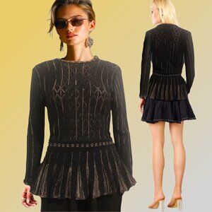ELIO Pointelle Knit Flared Peplum Long Sleeve Gold Thread Black Top Sz S